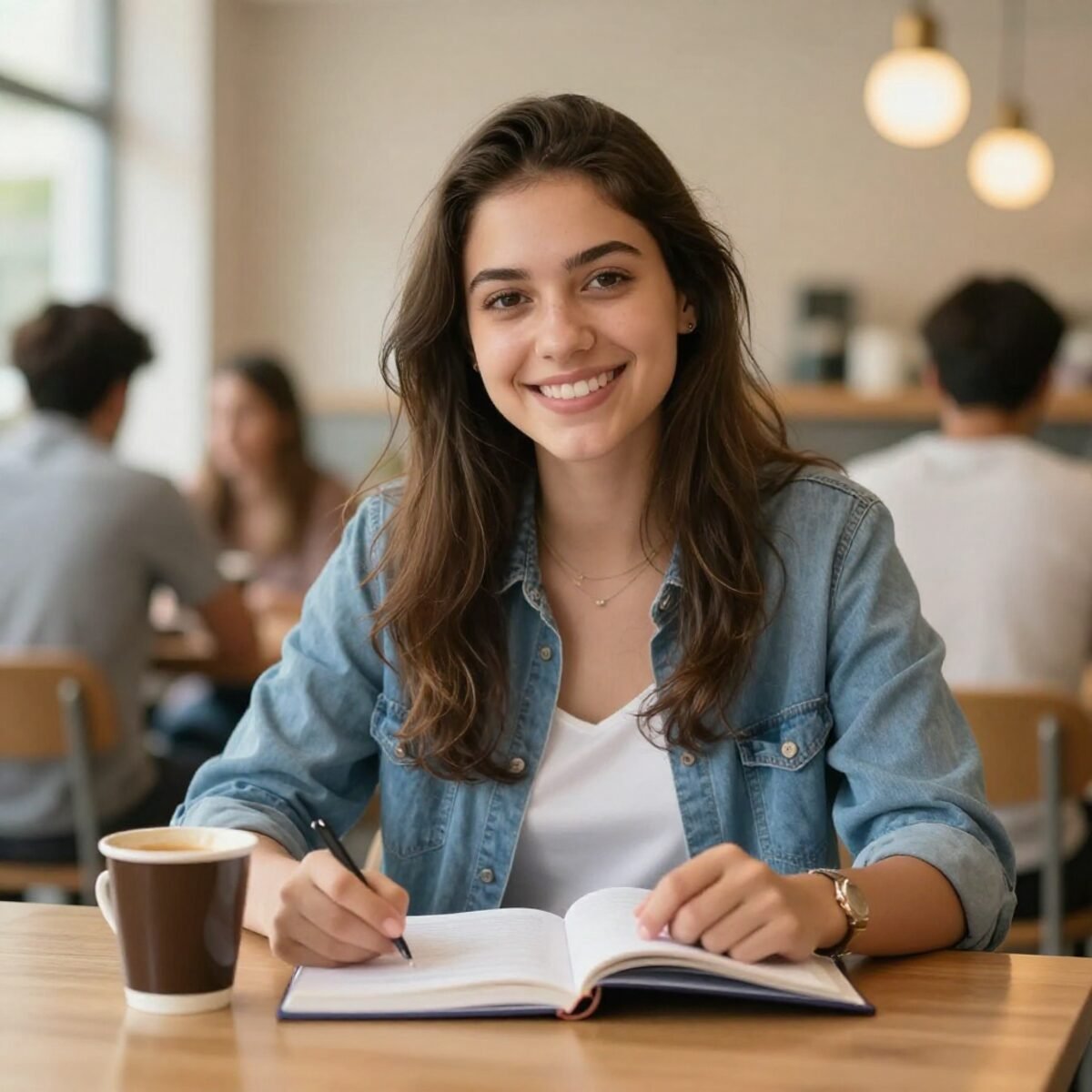 Estudante fazendo anotações em uma cafeteria