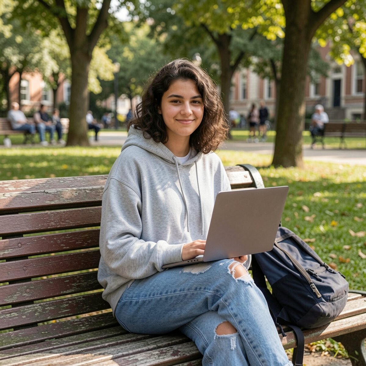 Estudante com laptop em um banco do parque