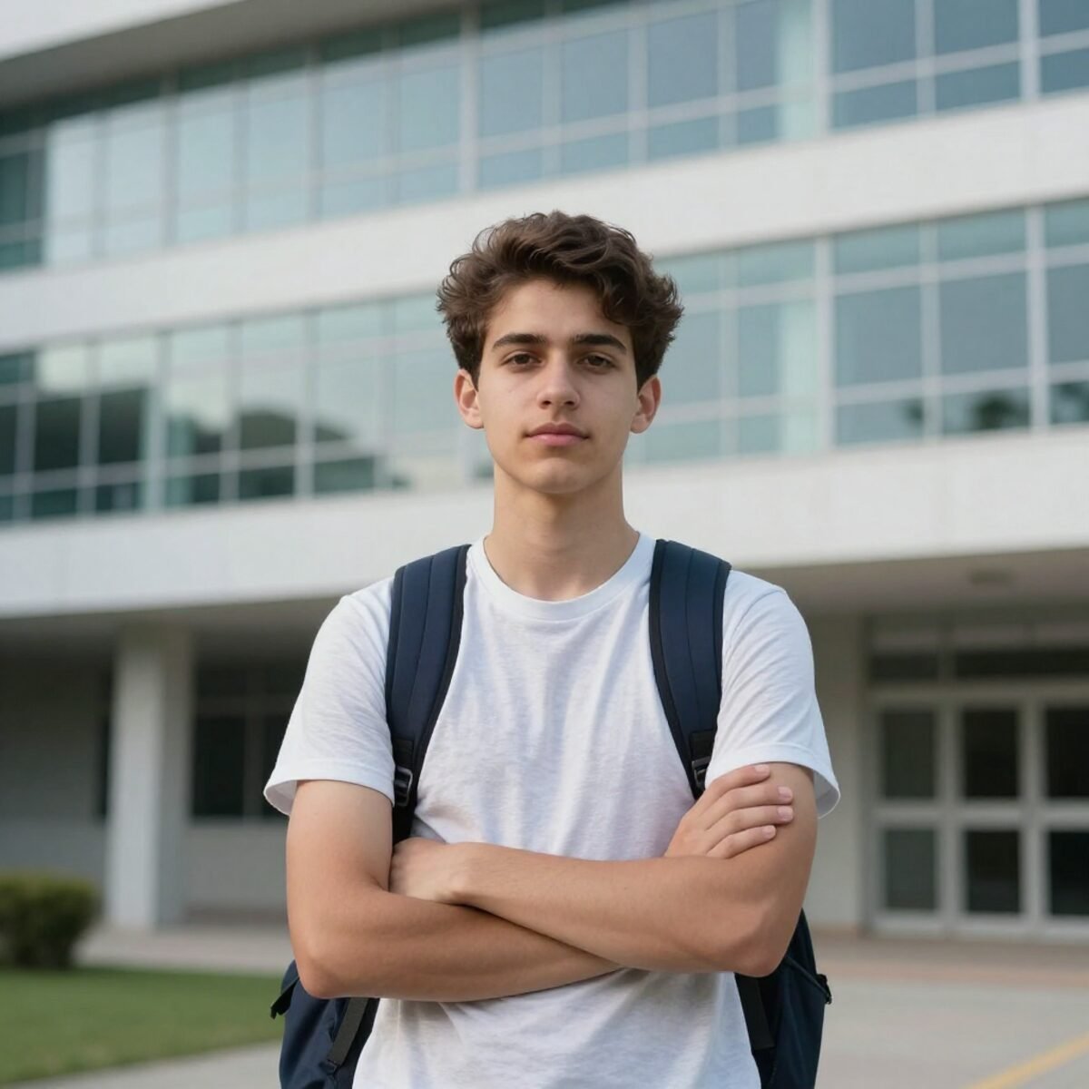 Estudante em frente ao prédio do campus