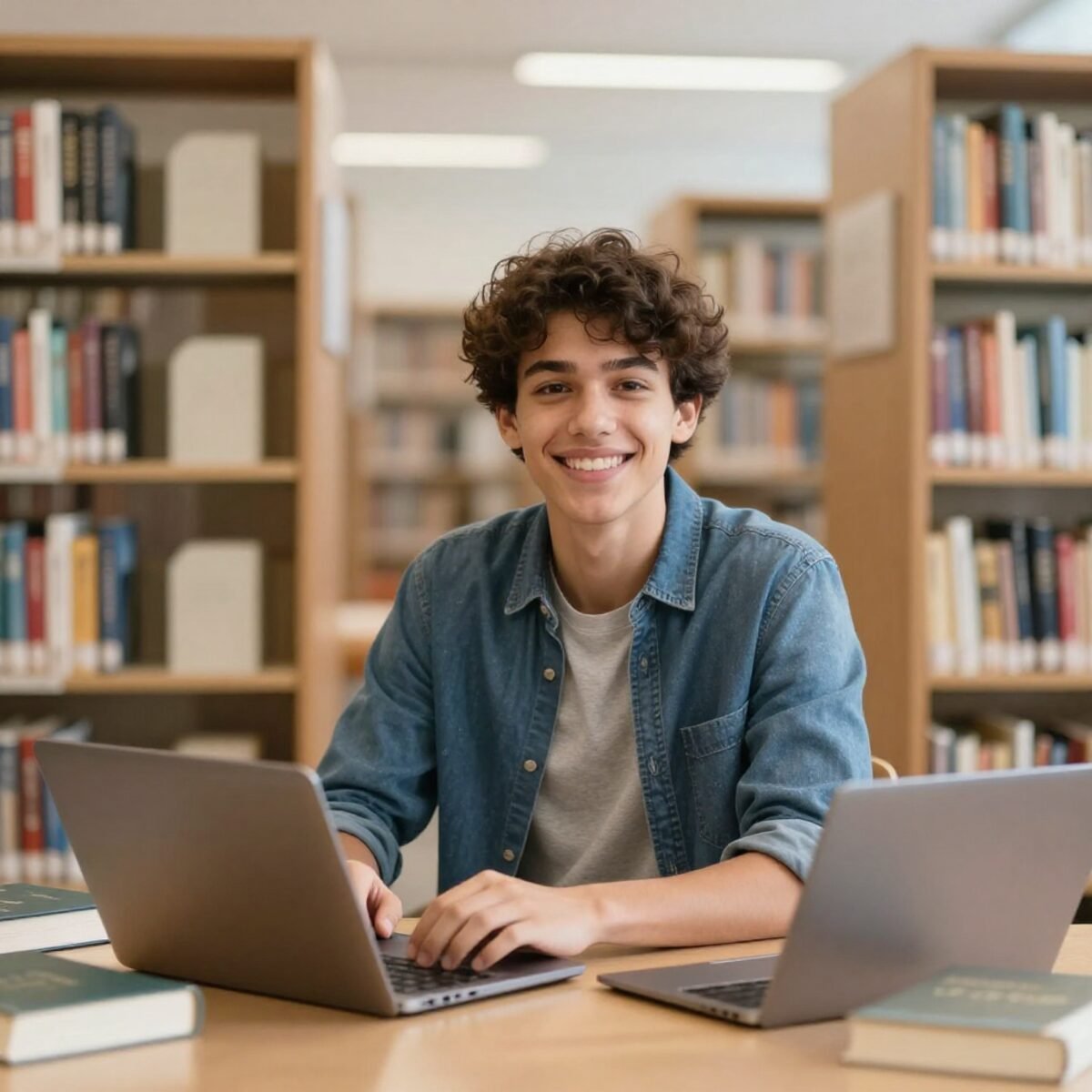 Estudante pesquisando na biblioteca com um laptop