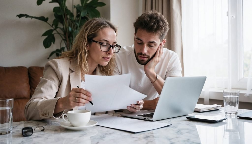 Jovens profissionais analisando documentos e um notebook em um projeto