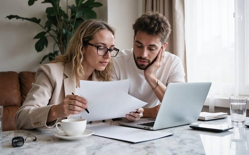 Jovens profissionais analisando documentos e um notebook em um projeto